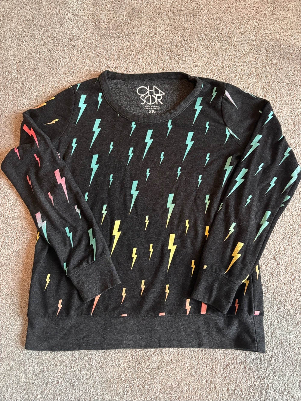 Chaser Black Crewneck Sweatshirt with Multicolor Lightning Bolts